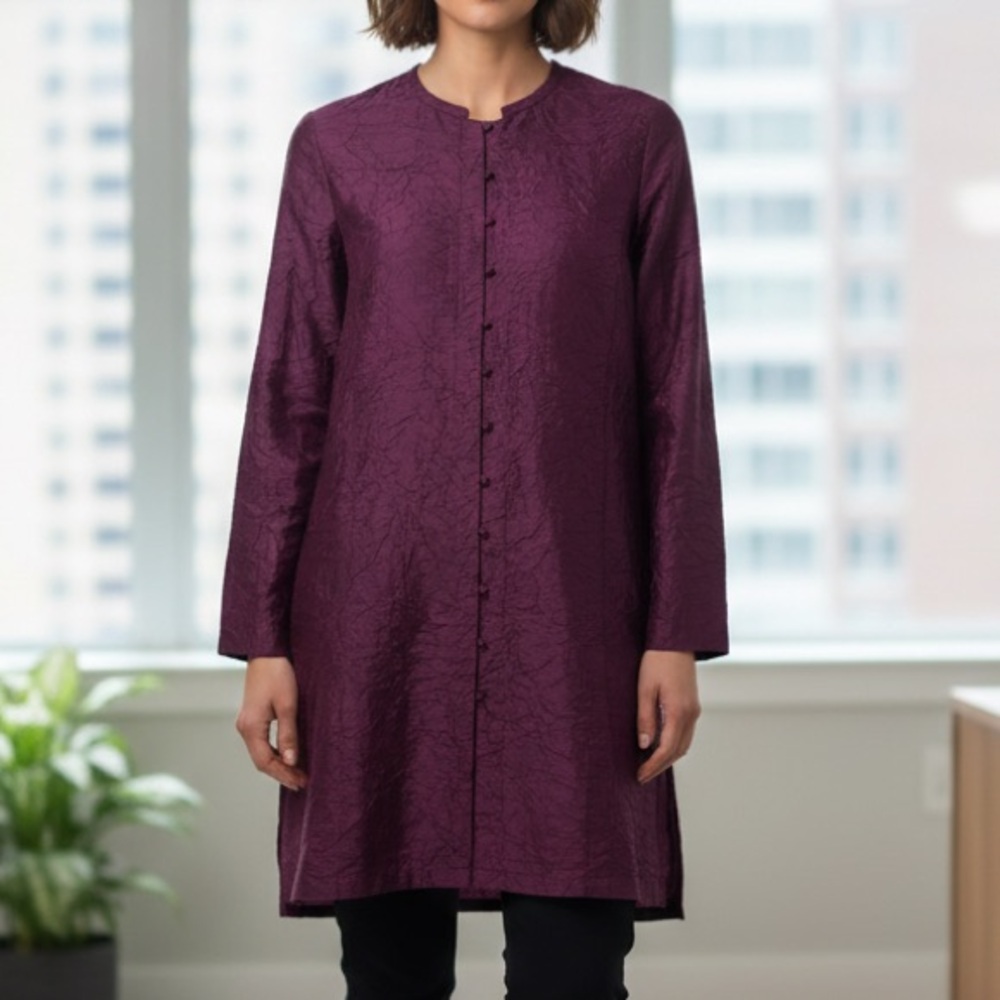 Eileen Fisher 100% Tussah Silk Asian Knotted Jacket Textured Crinkled Womens L